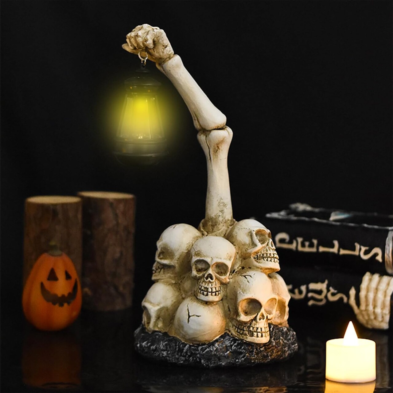 Skeleton Halloween Decorations, Halloween Skull Outdoor Decor with Solar Lantern, Scary Garden Statue for Yard Lawn Indoor Party Decoration
